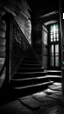 Placeholder: A stair to a door with prison bars, darkness reigns supreme, swallowing light and casting an eerie gloom. Jagged rocks jut ominously, shadows dancing with unseen creatures. Sinister shapes glide, eyes gleaming in the murky depths. Distant rumblings and creaking sounds fill the water, sending shivers. In this desolate underworld, fear of the unknown pervades every corner, where the slightest movement evokes terror. It's a realm where nightmares manifest, and the deep, unfathomable expanse inst