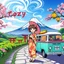 Placeholder: Create a book cover for Cozy Japan Coloring Book featuring a joyful Japanese girl in a brightly patterned yukata, standing beside a retro travel van during a scenic road trip. She holds a colorful paper parasol, her hair adorned with blooming sakura flowers. The backdrop includes a vibrant view of Mount Fuji under a brilliant blue sky, with swirling clouds, pink cherry blossoms, and fields of green tea bushes. Red torii gates line the path, and glowing lanterns hang from trees, casting golden li