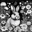 Placeholder: colorless rabbit between seeds and big flowers