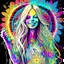 Placeholder: sketch illustration, tie dye wearing pretty hippie woman with aflower in her long blonde hair giving the victory sign with fingers, background is psychedelic zentangle, groovy neon acid wash, peace signs, ink splatter, by Russ Mills and Alex Grey