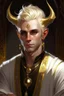 Placeholder: A young tiefling man with White-Blonde, short hair, black eyes, dressed in white and gold with lots of jewelry, beautiful