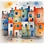 Placeholder: Draw me terraced houses watercolour in the style of **Joan Miro- Surrealism/Abstract Art:** - Miro's whimsical and poetic *Peaceful Harmony Color Palette:** - soft