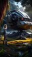 Placeholder: Wide-angle, woman with straight hair, dressed like a robot, with equipment in her hands, next to a crashed spaceship, in a clearing on an alien jungle world