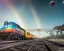 Placeholder: train with graffiti on a rainbow track in outerspace, planets in the background, steam bubbles from chimney, galaxy