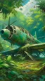Placeholder: An old airplane with wings crashed in rainforest filled with green bushes painted by Claude Monet