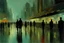 Placeholder: Futuristic city in a cloudy day, lake, people, sci-fi, cyberpunk influence, lesser ury impressionism painting