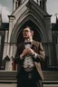Placeholder: man dressed in church dress clothes opening his shirt like Clark Kent and bearing his chest in front of a church