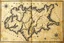 Placeholder: a scan of an ancient Cree land map of a fictional place, printed black and white but has since been stained and weathered