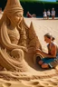 Placeholder: a woman and a child sitting , intricate sand art in a beach, sand sculpted,