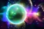 Placeholder: cosmos, metallic sky stars, sky blue light, blue light, green moons with neon rings, 8k resolution, detail