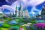 Placeholder: fairy and cosmic landscape with blue grass, magic plants, sky with light and stars. fairy white castle with diamond