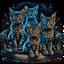 Placeholder: A cat with blue eyes is sitting on an armchair and next to her are three sweet and beautiful kittens against a black background and they are all looking at the camera, computer graphics by Louis Wayne, Behans, psychedelic art, quantum wave racing, psychedelic, mystical