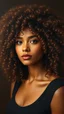 Placeholder: grant wood painting style , a portrait of a beautiful woman with large curly hair , front view with dark brown side lighting background, ultra high quality with ceramic lighting