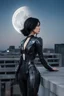 Placeholder: Photo Of A slim Woman With Black Hair, Wearing An android-looking suit, standing sideways On A Ledge of a building, With A waning moon Behind Her Head