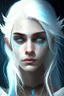 Placeholder: hauntingly beautiful character for dnd, young woman with white hair and blue eyes, angel