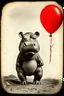 Placeholder: Hippopotame avec fleurs peintes, sur un balon rouge,, tintype