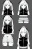 Placeholder: blonde girl with ponytails dressed in a jacket and shorts walks briskly, front view, greyscale