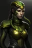 Placeholder: a female humanoid snake, wearing a black leather armor, green scales, yellow eyes