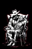 Placeholder: western styles man with hat (wide flat brim flat top) shading face, wearing a gas-mask, sitting forward on a wingback chair while leaning in to intimidate a man tied to a chair, vignette, black and white graphic novel style with a red outline on black background, gothic horror
