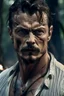 Placeholder: Portait Josh Duhamel as fantasy alpha werewolf in human form very muscular short cropped hair and rough beard, tribal tattoos wearing white button up shirt with rolled up sleeves realistic face, close-up, dark fantasy, fantasy forest, intricate details, hyper detailed, photograph