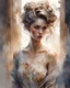 Placeholder: Elegant girl with fantastic face, intricate hairstyle, detailed dress, in bedroom setting, watercolor style blend influenced by Razumov, Volegov, Carne Griffiths, Wadim Kashin, ambient SF tones, intricate artwork with ominous undertone, matte painting resembling film poster, composition adhering to golden ratio, trending aesthetic on CGSociety, ArtStation, character model evoking Artg