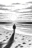 Placeholder: A solitary figure stands on an untouched, sandy beach, gazing at the setting sun painting the sky with warm hues in black and white. Footprints in the sand lead towards the horizon, symbolizing the freedom to explore and reflect in peaceful solitude.coloring book page, simple and clean line art, adult drawing book, black and white, crisp black lines, no shades, sharp lines, coloring book for adults, cartoon style, landscape