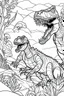 Placeholder: create a coloring page, white background Illustrate two young T-Rexes engaged in a roaring contest to establish dominance over their territory. Depict a T-Rex patrolling the borders of its territory, sniffing the air and surveying its surroundings for intruders. Kids can color the T-Rex amidst towering trees and dense vegetation.. ink drawing clipart, simple line illustrations, colored