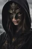 Placeholder: close up portrait shiny cat eyes woman, wearing dark hoodie, very detailed, sharp focus, random background, dark fantasy, stunning