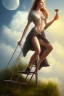 Placeholder:  woman on the ladder above clouds