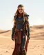 Placeholder: Dune Movie character ,fullbody stand on the desert Young Woman Warrior futuristic clothing ,deep blue eyes in Dune Movie Character