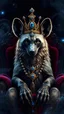 Placeholder: Digital art. A regal hyena king adorned with a jeweled crown, sitting on a velvet throne, surrounded by swirling nebulae. Ultra-realistic 8k detail, ornate filigree, deep sapphire and gold color palette, dramatic chiaroscuro lighting. masterpiece, best quality, intricate details, fantasy art, royal portrait, majestic.
