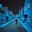 Placeholder: Fotografia di strada blu gioioso weirdcore dai colori vivaci. Max Ernst. Le case sono dipinte di nero chiaro con g stilizzate e dettagli. Ci sono, che danno un senso distopico e molto surreale, disposte in modo casuale. L'atmosfera generale sembra noiosa e onirica, con un contrasto tra elementi reali ed elementi dipinti. Persona finta cammina