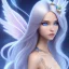 Placeholder:  beautiful, soft, smiling, long and straight blonde hair, bluish background, fairy wings on the back