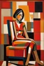 Placeholder: painting of a tired woman sitting on a chair, cubist vibe, sleeveless, oilpaint, variations around female, scarlet and orange blast color dynamics, 1970s philippines, family portrait,centre composition, viet aspect