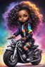 Placeholder: Create an digital airbrush illustration of a chibi cartoon black female wearing tie dye hoodie and black tights and biker boots. Sitting on a colorful sports motorcycle. Prominent make up with long lashes and hazel eyes. Highly detailed long twisted wavy hair blowing in the wind. Background of a bike show and smoke around her.