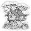 Placeholder: outline art for square twisted old tree cottage coloring page for kids, classic manga style, anime style, realistic modern cartoon style, white background, sketch style, only use outline, clean line art, no shadows, clear and well outlined