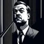 Placeholder: generate a detailed illustration of a businessman with Leonardo Dicaprio's face climbing stairs, focus on navy blue, black and white colors.