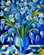 Placeholder: 1920s cubist style. Blue bluebell flowers in a glass vase.