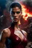 Placeholder: 32k uhd photo raw, horror movie film still, muscular sara sampaio, blue eyes, red skin demon woman, bald head, standing in front of explosion, sharp focus, 8k, award winning, by sam raimi, hellraiser style
