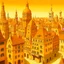 Placeholder: A yellowish orange colored city with saxophone shaped buildings painted by the Limbourg brothers