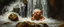 Placeholder: master oil painting by Rembrandt,cute blind trolls bading baby inside waterfall, we barely see them inside the cascades