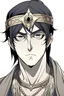 Placeholder: "Draw an Arabian king with sharp features, black hair, and large eyes. His features are scary and cold, and his hair reaches his shoulders." In anime style and he is sexy