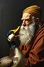 Placeholder: pin hole cam, master oil painting by Rembrandt, realistic rendering Portrait of the Apkallu sage who were sent by the god Ea to teach civilization to humanity before the flood. a duck screaming like crazy at a sad old man