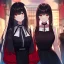 Placeholder: Clear focus,High resolution, black long hair, Vibrant red eyes, Emo style, Black skirt, wearing a black shirt sleeveless, wearing a white collar, Wearing black and red cutsleeves