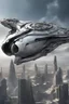 Placeholder: a photorealistic sleek silver spaceship flying over a futuristic ruined city