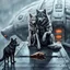 Placeholder: digital art front in picture an of little dark dog like creature stands and looking an anthropomorphic wolf couple sitting on the spaceship's ramp close together, the female wolf sits behind pale gray male wolf and puts one paw on the dark gray wolfman's shoulder, raini day, on ramp a little piece of meat lies down, high contrast, high detalied, high realistic, in background detail of a spaceship is visible. Rain, The atmosphere is a seamless blend of sci-fi and dark fantasy mood, digital art