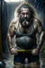 Placeholder: full figure shot photography of a furious wet chubby strong iranian sweaty 57 years old strong carpenter working hard in a construction site, under a huge water leak raining, in tank top and boxer, bulge, long beard, hairy chest, tattoo, long curly hairs, photorealistic, 32k, furious eyes, side lights, ambient occlusion, frontal view from the floor