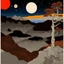 Placeholder: Peaceful, colourful, Max Ernst, Egon Schiele, Hiroshige, night sky filled with galaxies and stars, trees, flowers, rock formations, one-line drawing, sharp focus, 8k, 3d, silver rust