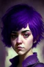 Placeholder: A portrait of a girl with an heavy armon, short purple hair,