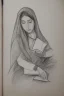 Placeholder: Pencil sketch of Young woman, Arab features,sad, long wavy hair, reading a book, full body، on lined paper